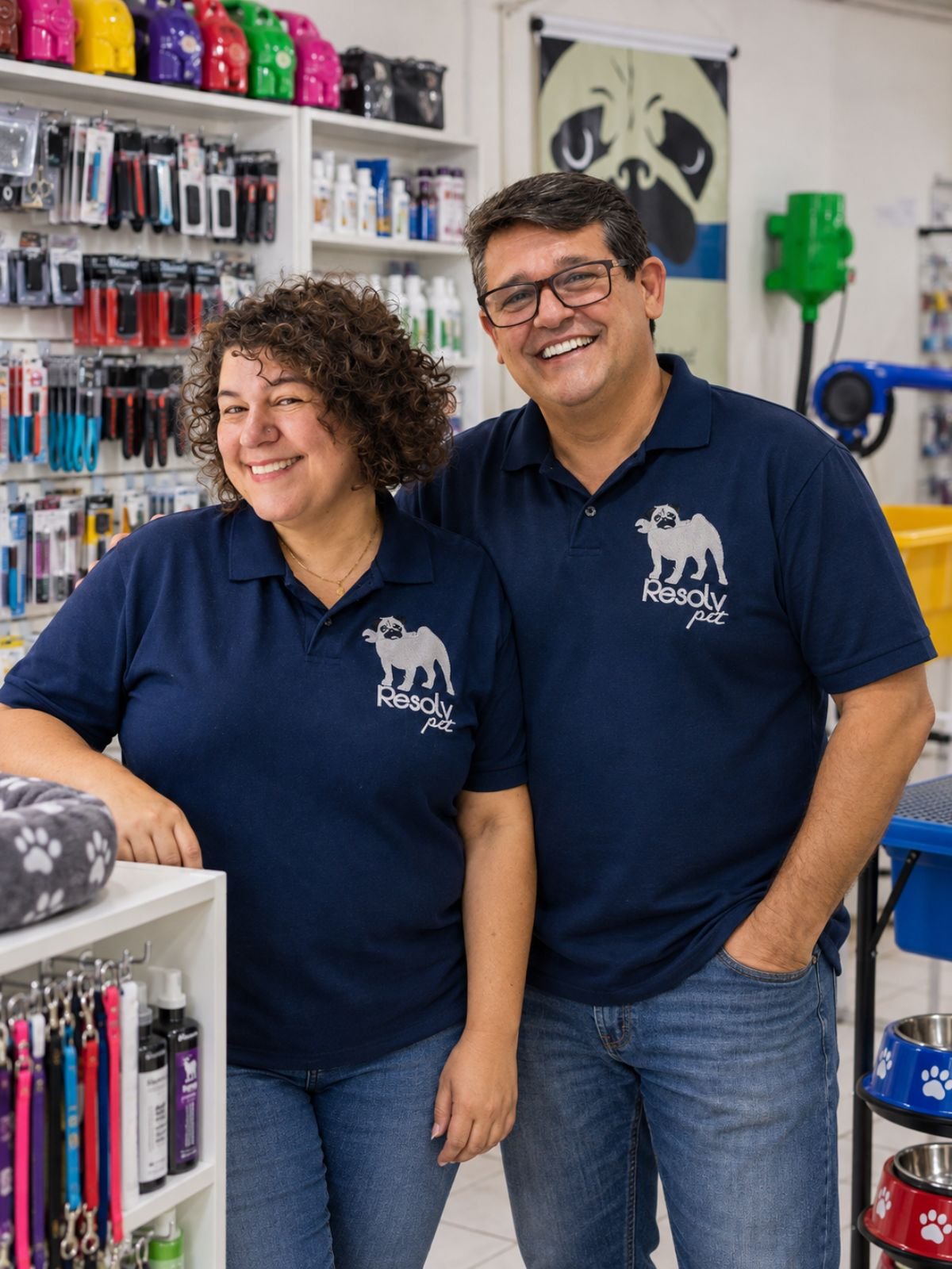 Pati e Marcelo na Resolv Pet, especializada em equipamentos para banho e tosa