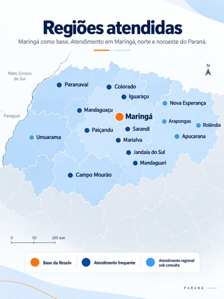 Mapa com as cidades atendidas pela Resolv Pet em Maringá, norte e noroeste do Paraná.