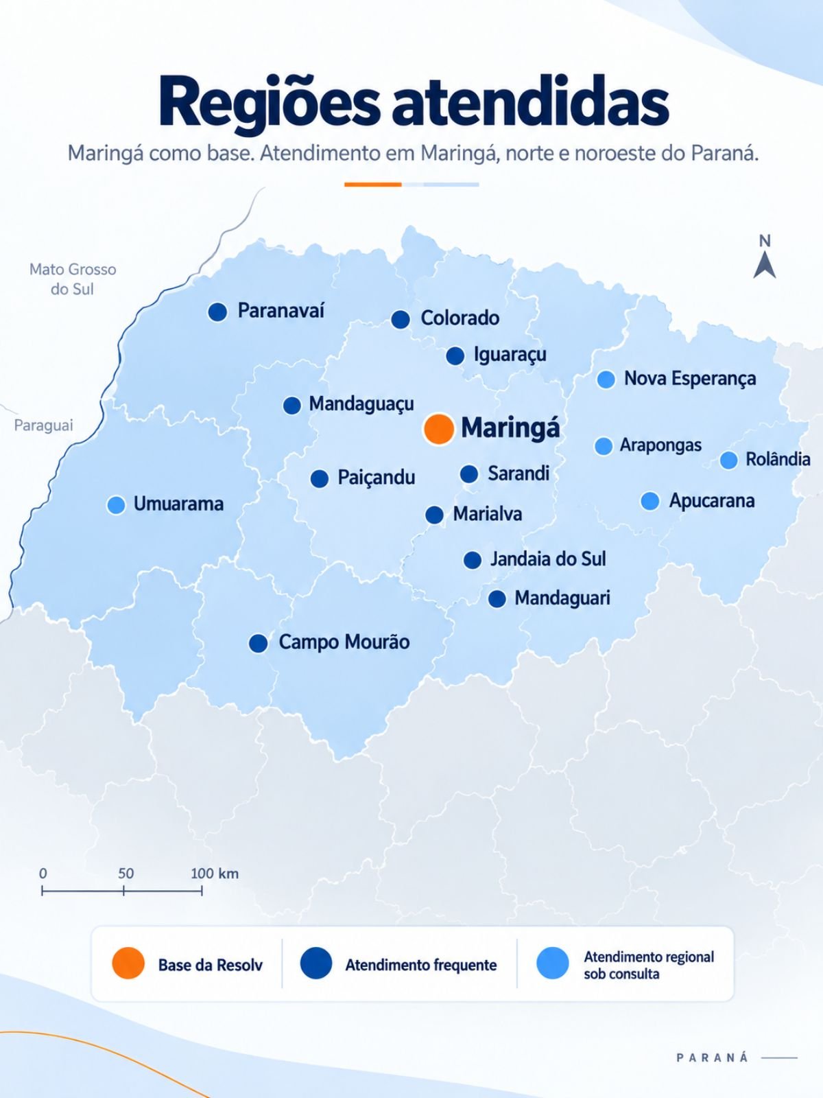 Mapa com as cidades atendidas pela Resolv Pet em Maringá, norte e noroeste do Paraná.